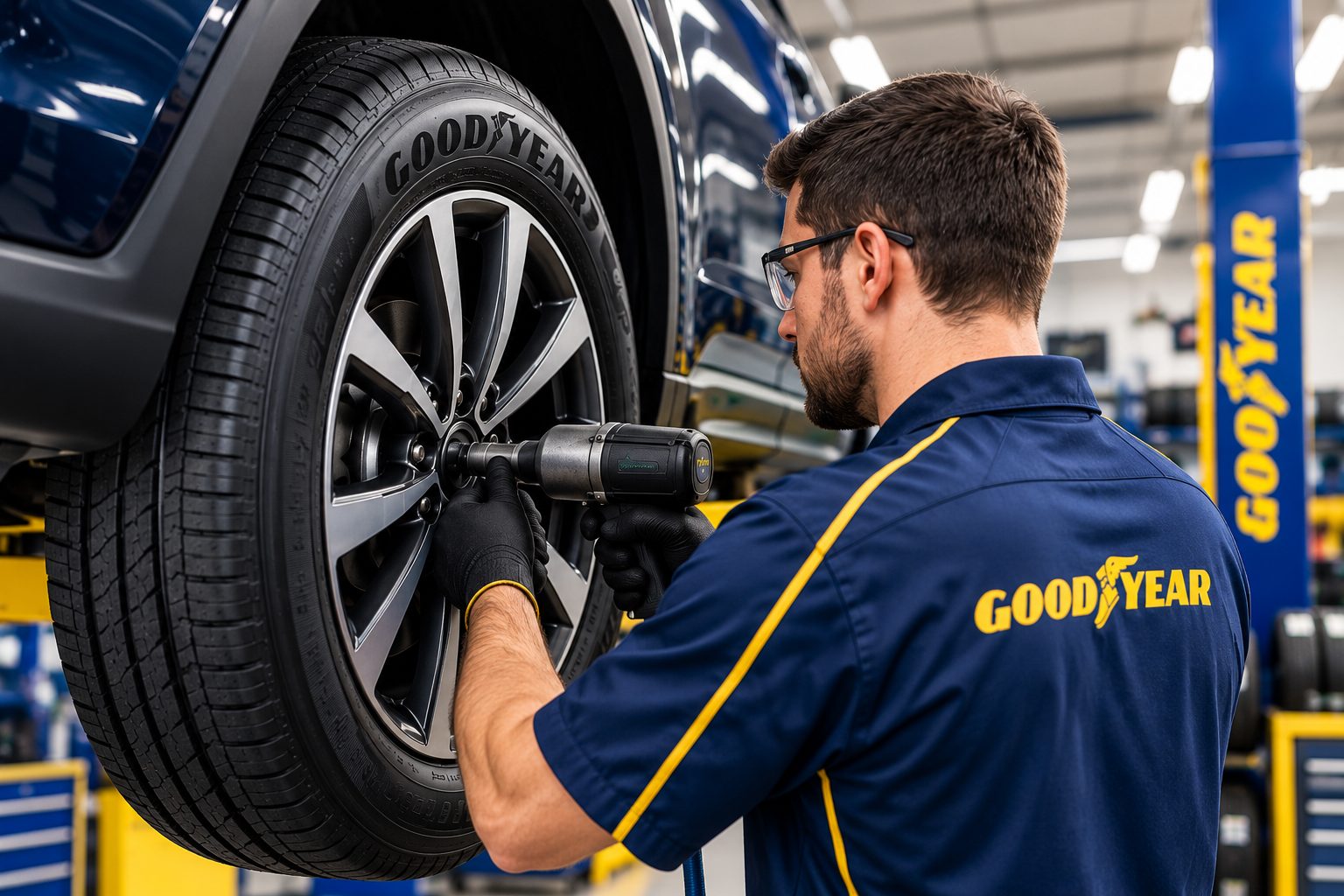 A Goodyear Autocare technician fitting a tyre